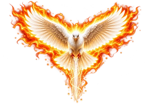 White dove with outstretched wings surrounded by orange and red fire