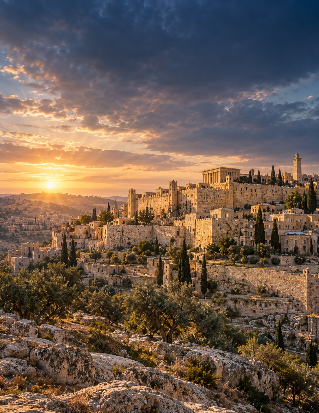 Illustrative Jerusalem-inspired city at dawn